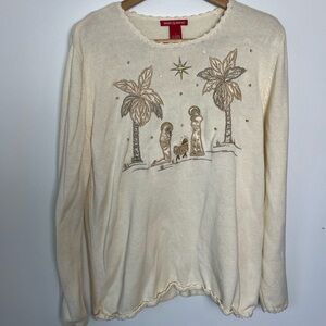 Woman's Cream Sweater Nativity Scene Embroidery Ugly‎ Christmas Size Large
